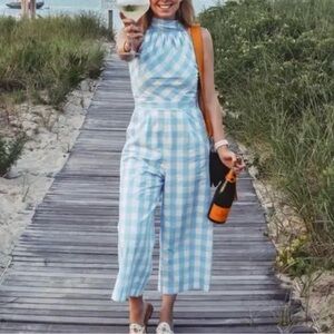 J. Crew Blue and White Gingham Halter Jumpsuit